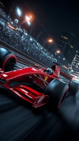 Night race rush with a red formula car in full flight.