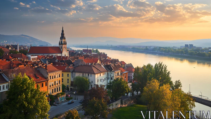 Riverfront European town under warm evening sunset glow.