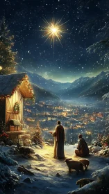 Digital painting nativity scene under radiant guiding star.