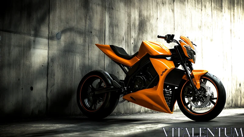 Bold orange street motorcycle resting in moody tunnel light.