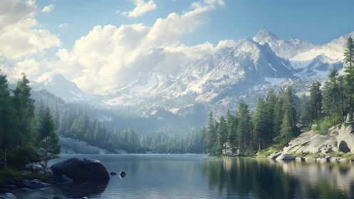 Gentle alpine lake rests beneath bright, snow crowned peaks