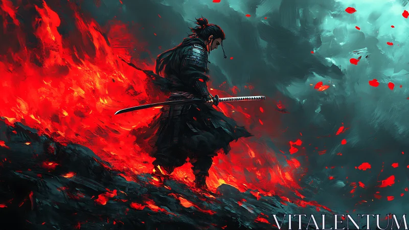 Lone samurai walks firelit ridge under storm sky.