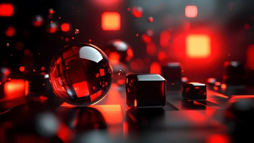 3D red glass sphere and cubes on neon-lit reflective grid.