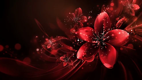 Luminescent Red Flowers with Particle Effects Against Black Background.