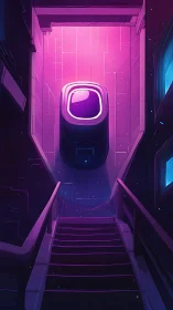 Neon stairway leading toward a softly glowing pod portal.