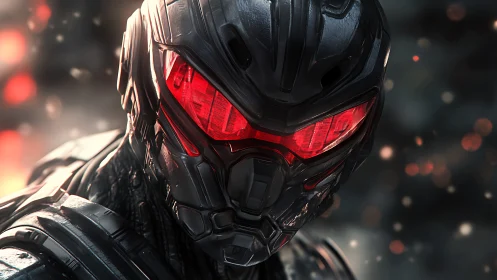Metallic cybernetic helmet with red illuminated visor detail.