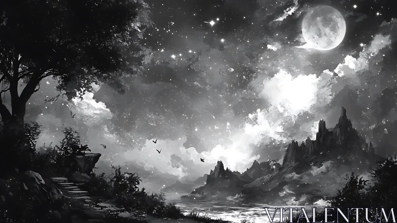 Monochrome night landscape shows moonlit sky over mountains