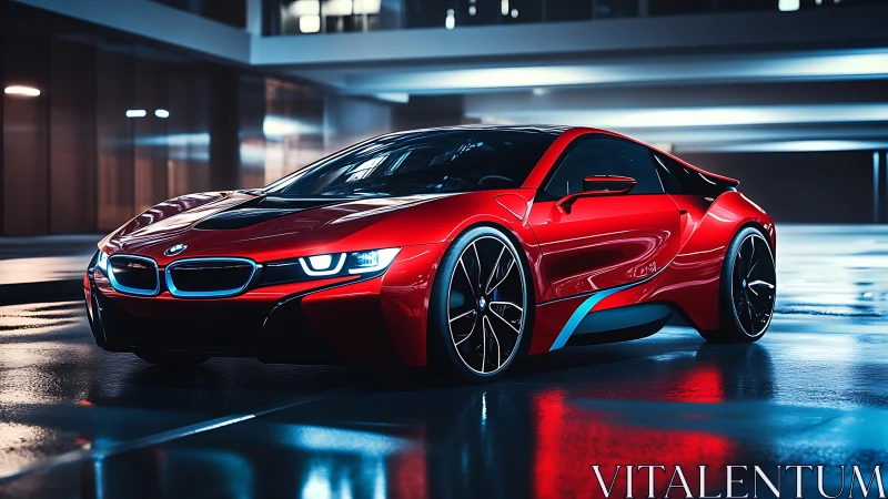 Red BMW hybrid coupe rendered with high-gloss reflections and HDR lighting