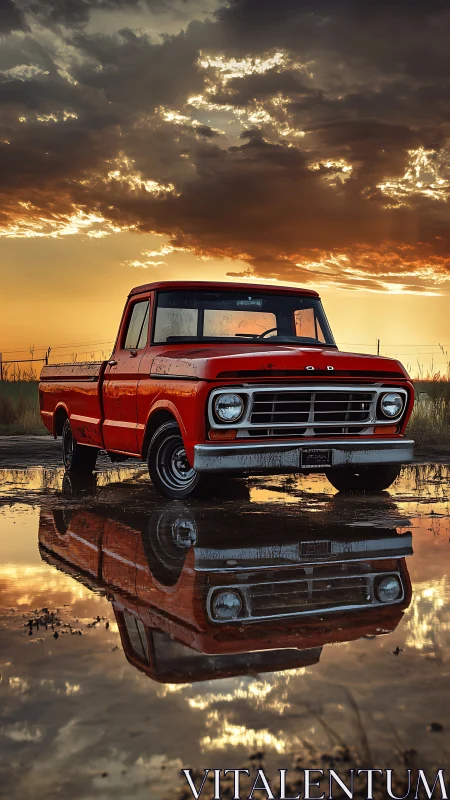 Old red pickup trades sunset stories with its own reflection