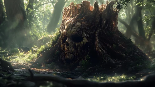 Decaying Forest Guardian: Ancient Skull-Shaped Stump Draped in Verdant Woodland Growth.