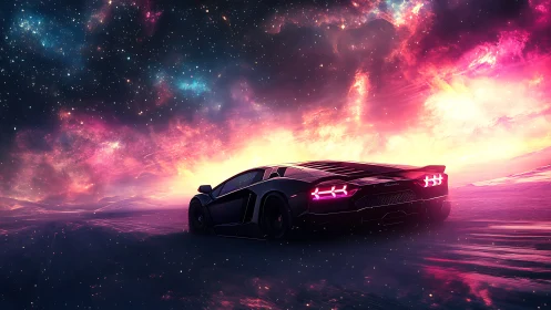 Futuristic sports car drives under luminous cosmic sky