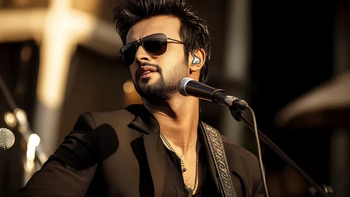 Mid-song sunlight carves a halo around the cool guitarist