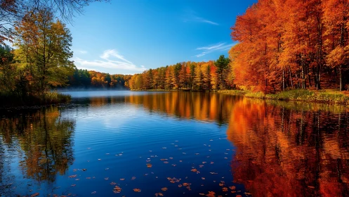 Autumn forest lake reflects fiery foliage under clear sky.