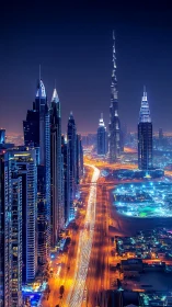 Nocturnal skyscraper corridor with vivid neon traffic trails.