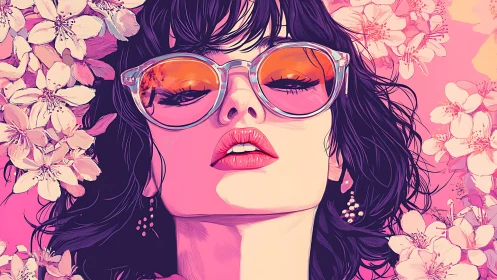 Stylized woman in pink sunglasses framed by blooming flowers