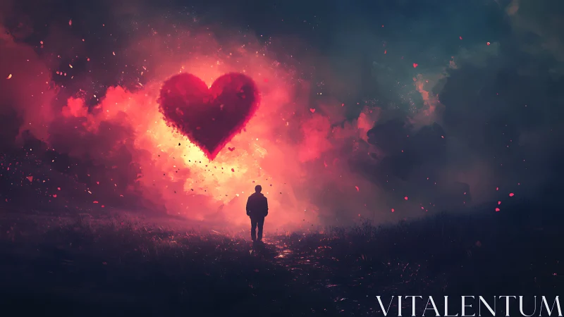 Solitary figure observing luminous heart formation.