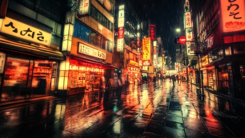 Neon soaked Tokyo alley reflects glowing kanji signs.
