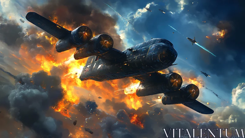 Heavy gunship cutting through apocalyptic fiery sky battle.