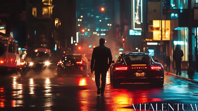 Urban nightwalker beside sports car in neon wet streetscape.