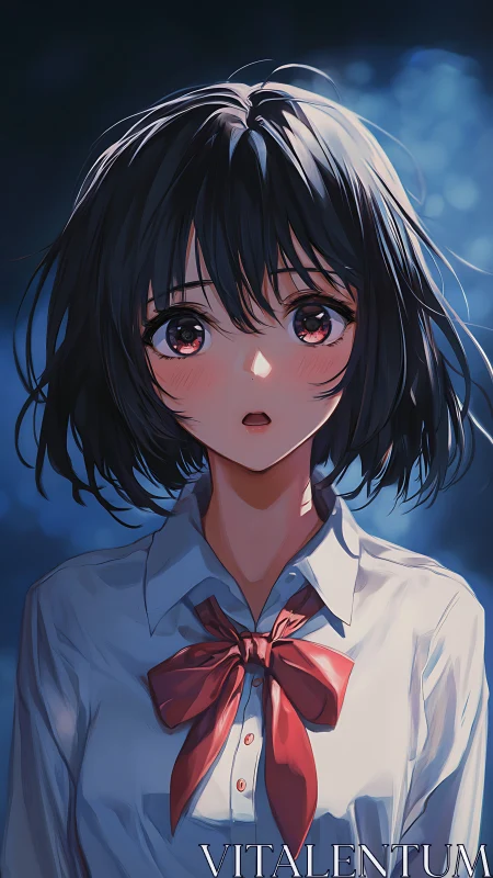 Softly lit anime girl with gentle surprise and warm gaze.