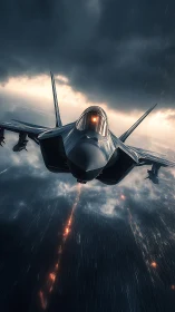 Stealth fighter jet advances through storm clouds under cinematic lighting