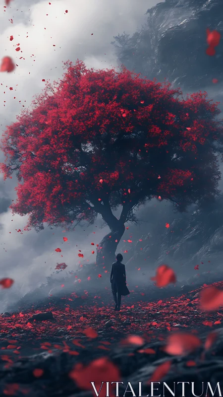 Scarlet tree of falling embers in a dream-howled valley.