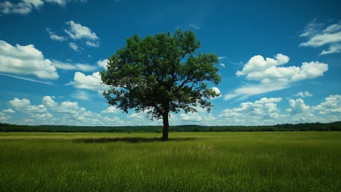 Lone Oak Tree in Green Meadow Under Vibrant Blue Sky Landscape.