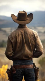 Rear-view cowboy with tooled leather gun belt in soft depth haze