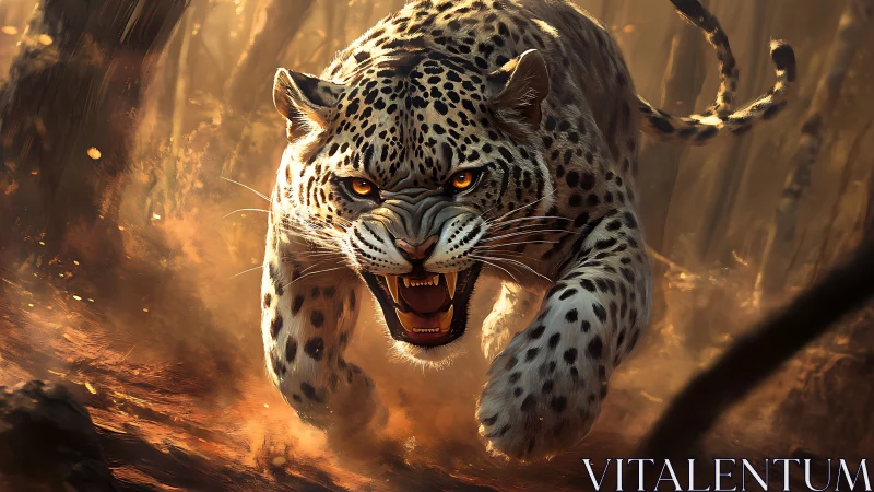Aggressive Leopard with Bared Fangs in Golden Dust Storm.