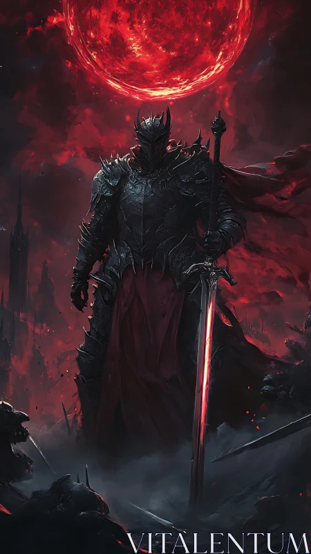 Eclipsed warlord in barbed plate armor under crimson sun