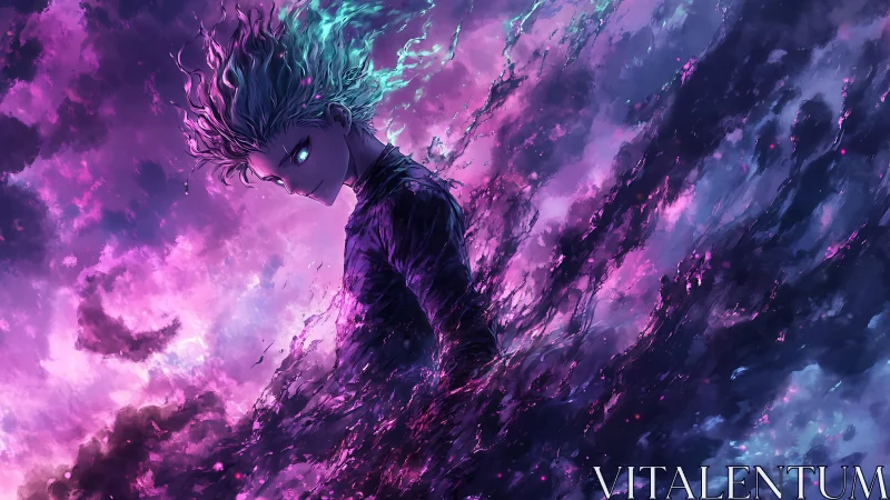 Dark energy figure dissolves into neon storm clouds