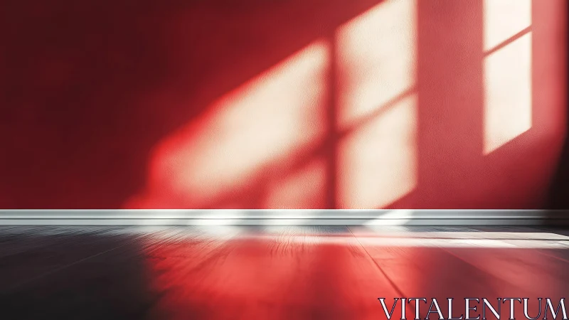 Sunlit red wall casts strong window shadows onto wood floor
