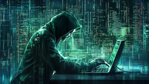 Cyberpunk hacker at terminal in neon data lattice environment.