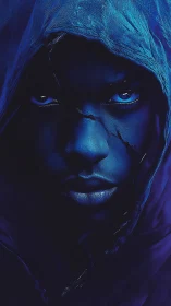 Chromatic hooded visage with fractured cerulean dermal planes.