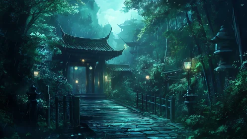 Moonlit rain polishes a hidden temple path in jade light