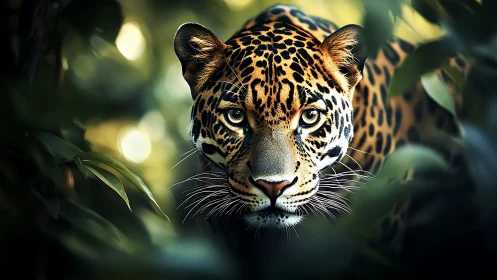 Jaguar moves forward through dense foliage in soft focus