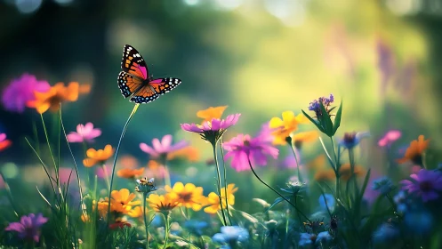 High-bokeh meadow scene isolates monarch butterfly in vivid flight