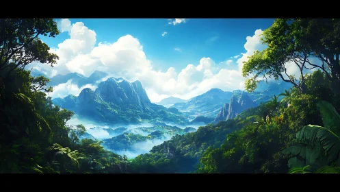 Tropical mountain valley panorama with luminous cloudscapes.