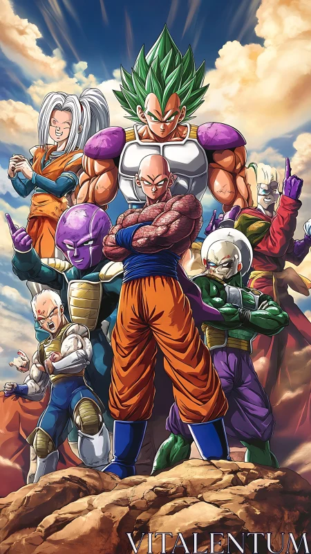 Heroic anime warriors stand united under dramatic skies