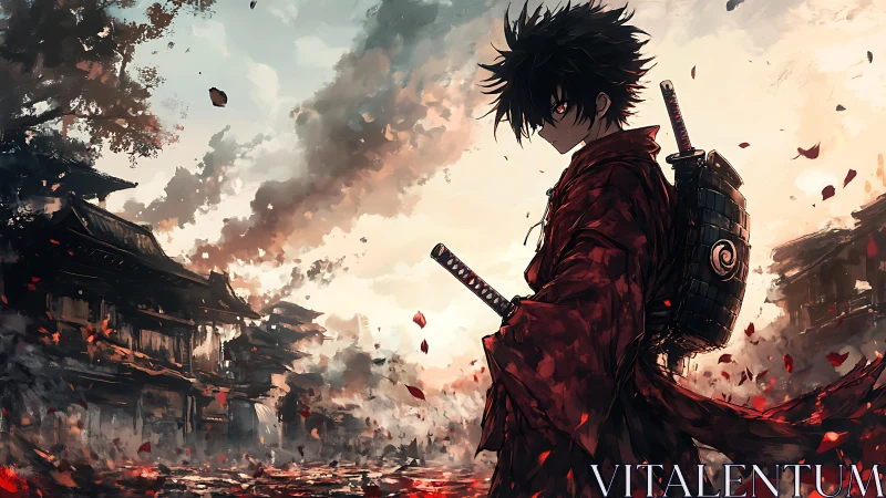 Lone anime swordsman walks ruined street under burning sky