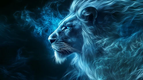 Electric blue lion profile in ethereal energy haze.