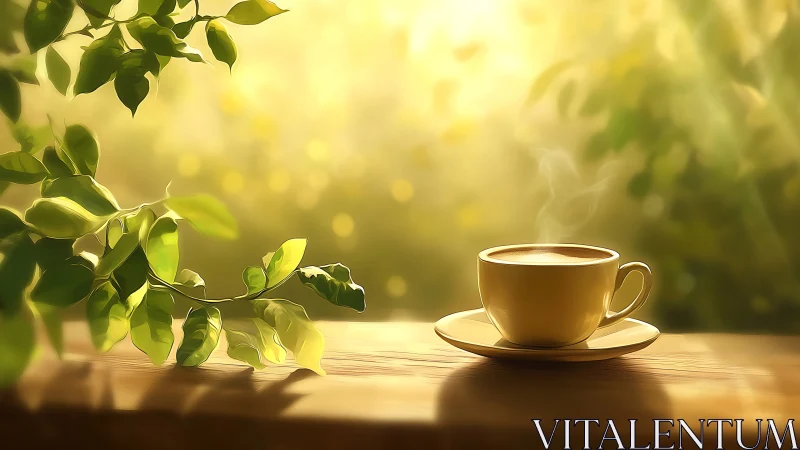 Sunlit coffee dream on a golden morning garden table.