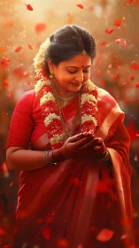 Graceful Indian bride in red saree under falling petals.