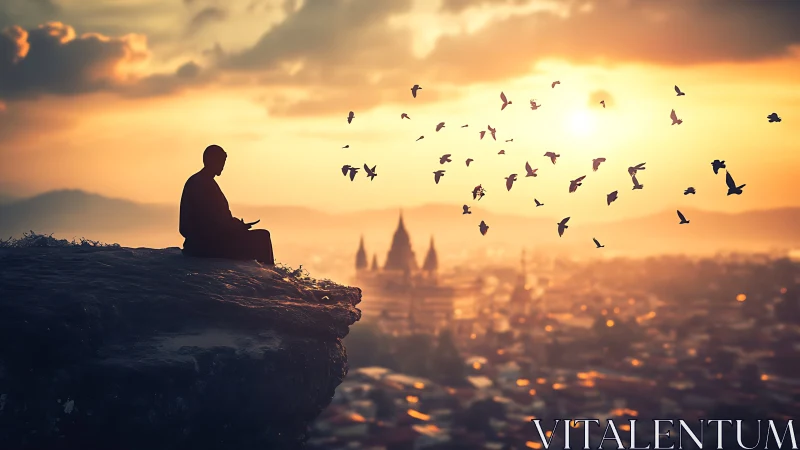 Monk silhouette meditating above city at warm sunset.