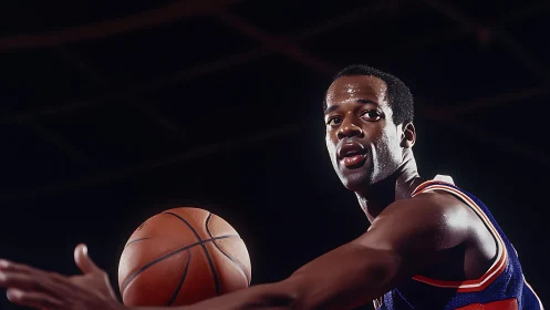 Basketball player in mid-dribble under indoor arena lighting.
