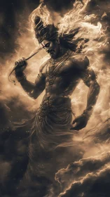 Mythic male figure stands amid clouds and controlled flames