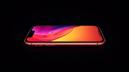Red Smartphone with Fluid Gradient Wallpaper Display.