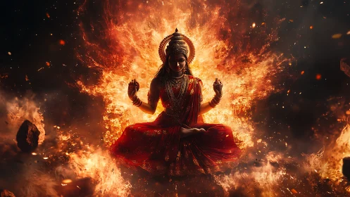 Hindu goddess figure in lotus pose amid surrounding flames.