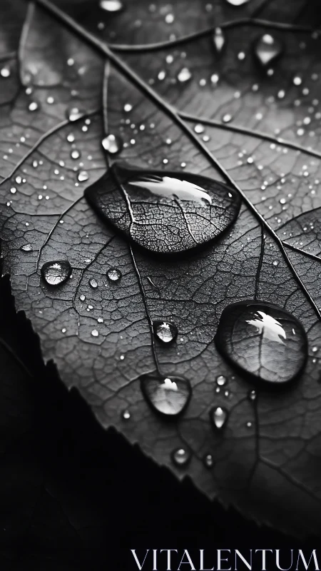 Raindrops rest on textured leaf veins in moody monochrome.