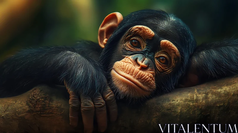 Young chimpanzee rests on log under warm forest light.